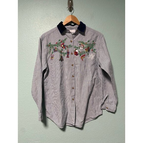 Vintage Casey and Max Women's Christmas Blue & White Stripe Button Up Top Medium - Picture 1 of 9